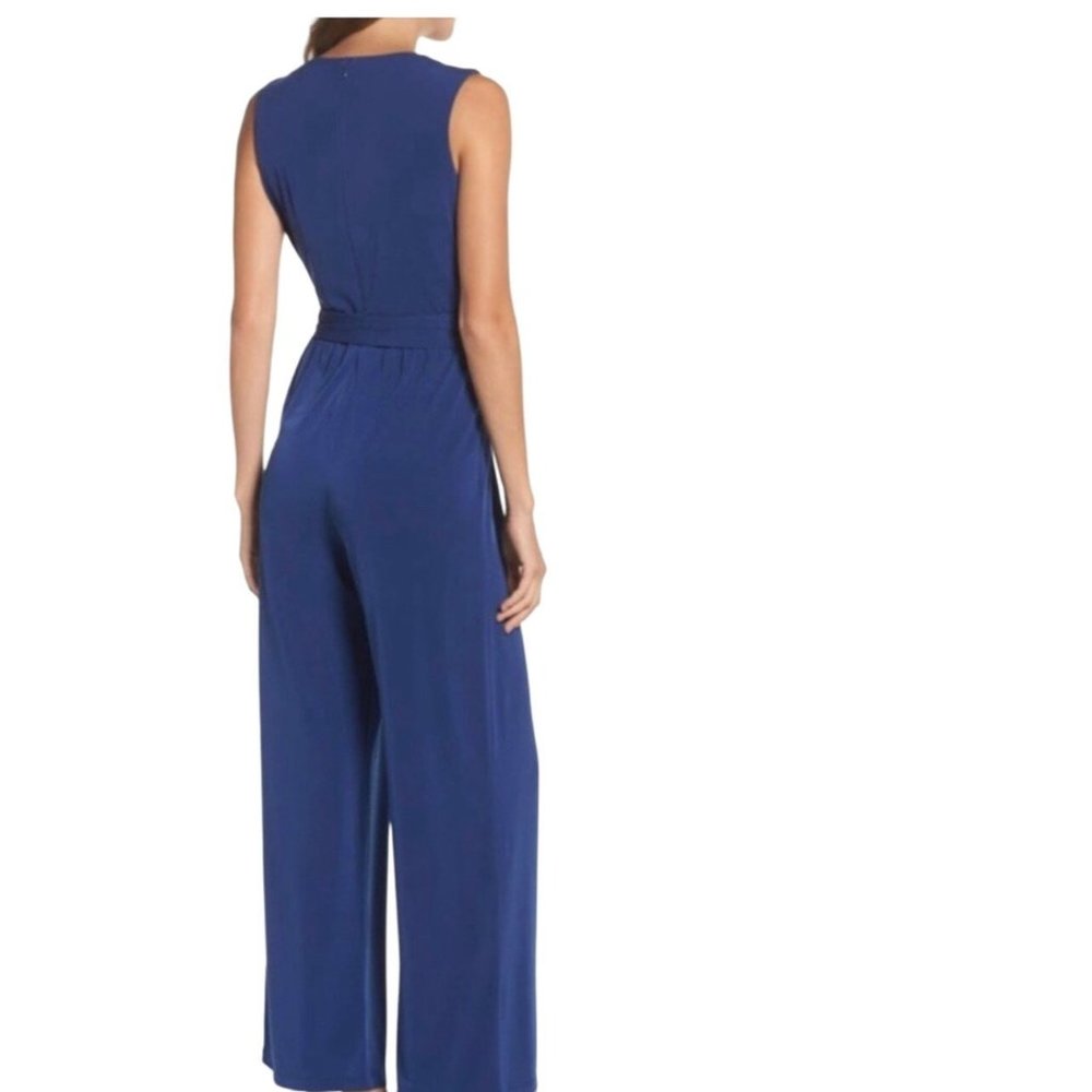 Vince Camuto Blue WIde Leg Jumpsuit Sleeveless Belted Tie Pantsuit Womens M